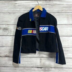 Vintage Women's NASCAR Racing Jacket by JH Design Short Waist, Black w/ Blue 2XL